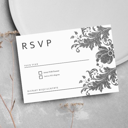 Invitation Dentelle florale noire simple RSVP