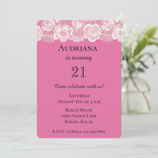 Invitation Dentelle florale rose Fille Anniversaire (Debout devant)