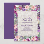 Invitation Dentelle Florale Rose Violet N'Importe Quel Âge An (Devant / Derrière)