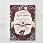 Invitation Dentelle florale rouge Bourgogne Charro Quinceaner (Devant)