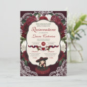 Invitation Dentelle florale rouge Bourgogne Charro Quinceaner (Debout devant)