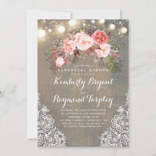 Invitation Dentelle florale rustique Lights Dîner de répétiti (Devant)