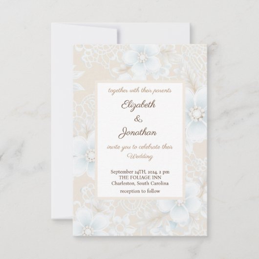 Invitation Dentelle florale rustique Mariage bleu neutre (Devant)