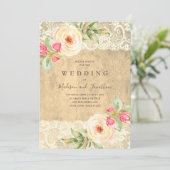 Invitation Dentelle florale rustique vintage mariage invitati (Debout devant)