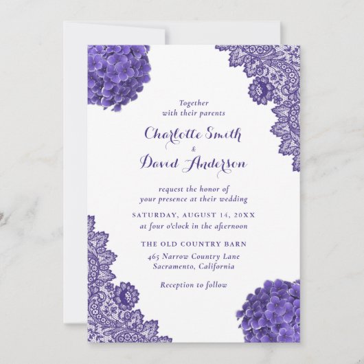 Invitation Dentelle florale violet rustique (Devant)
