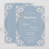 Invitation Dentelle Gold Cross Baptême Dusty Blue (Devant / Derrière)