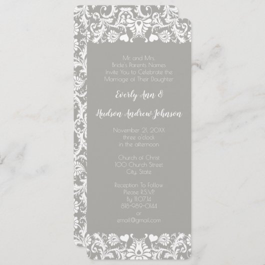 Invitation Dentelle grise et blanche Mariage damassé florale (Devant / Derrière)