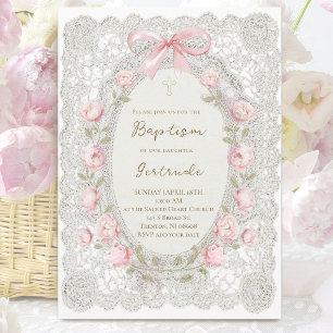 Invitation dentelle grise et pivoines roses Baptême fille