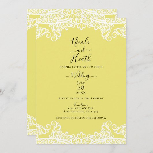 Invitation Dentelle Jaune & Blanc Élégant Mariage (Devant / Derrière)