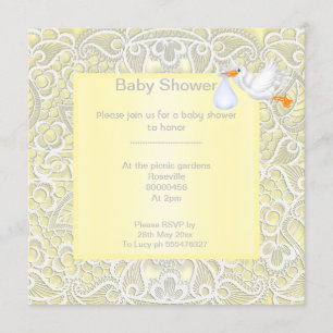Invitation Dentelle jaune citron élégante baby shower cigogne