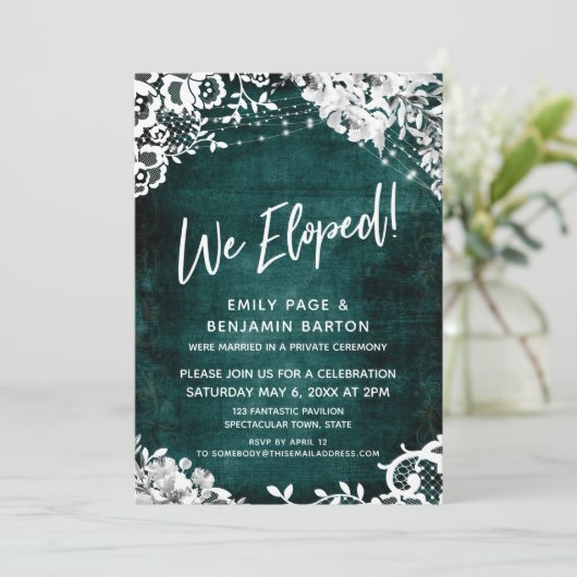 Invitation Dentelle, Lumières et Fleurs sur un Teal Grunge No (Debout devant)