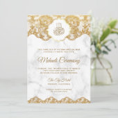 Invitation Dentelle Marbre blanc or dentelle islamique Mehndi (Debout devant)