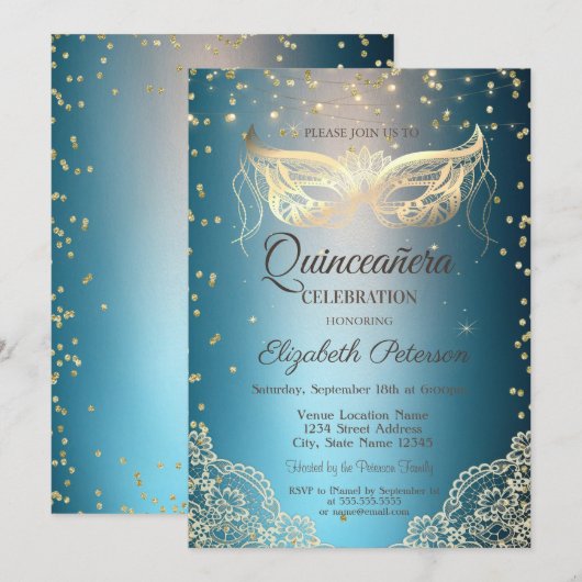 Invitation Dentelle Masqu Or, Diamonds Quinceañera (Devant / Derrière)
