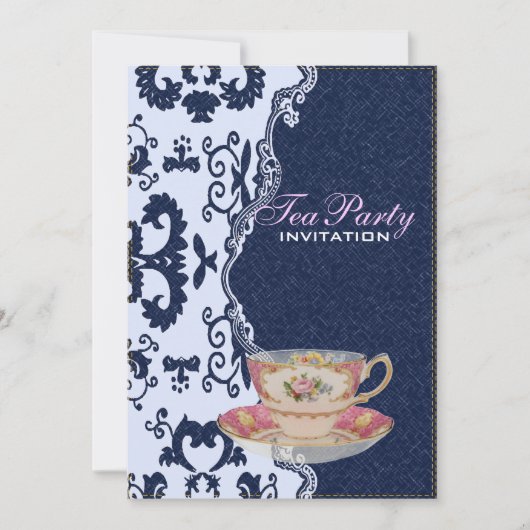 Invitation dentelle moderne bleu denim pays floral Tea Party (Devant)
