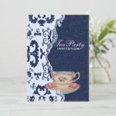 Invitation dentelle moderne bleu denim pays floral Tea Party (Debout devant)