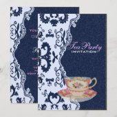 Invitation dentelle moderne bleu denim pays floral Tea Party (Devant / Derrière)