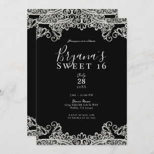 Invitation Dentelle noire & argent Élégante Sweet 16 Party