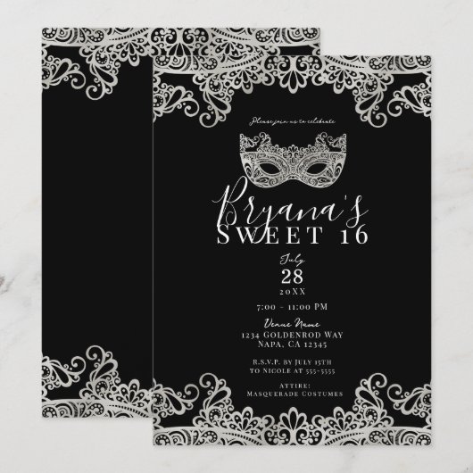Invitation Dentelle noire & argent Masquerade Sweet 16 Party (Devant / Derrière)