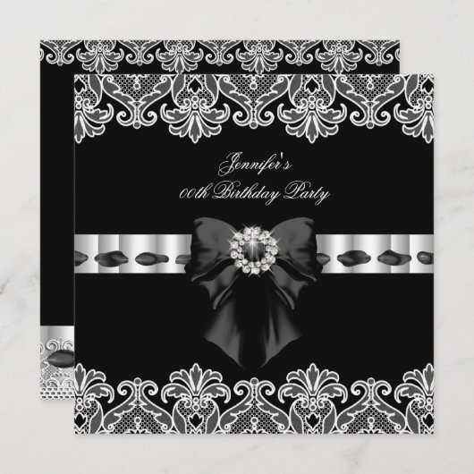 Invitation Dentelle noire blanche Diamants Anniversaire fête  (Devant / Derrière)