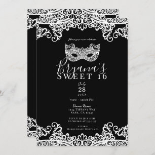Invitation Dentelle noire & blanche Masquerade Sweet 16 Party