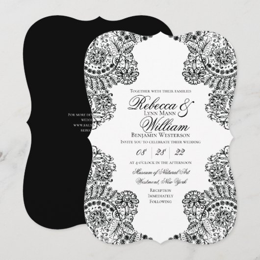 Invitation Dentelle noire et blanche Élégante Mariage gothiqu (Devant / Derrière)