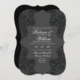 Invitation Dentelle noire et gris Élégant Mariage gothique