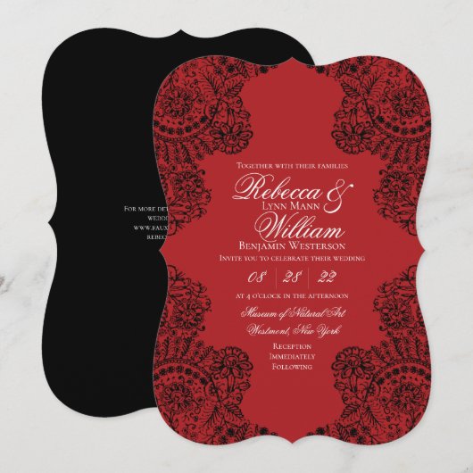 Invitation Dentelle noire et rouge Élégant Mariage gothique (Devant / Derrière)