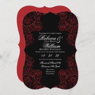 Invitation Dentelle noire et rouge Élégant Mariage gothique