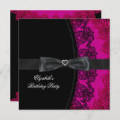 Invitation Dentelle noire rose chaud Élégante fête d'annivers (Devant / Derrière)