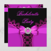 Invitation Dentelle noire rose chaude de la fête de Bacheloré (Devant / Derrière)