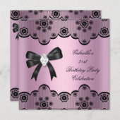 Invitation Dentelle noire rose Elégant Anniversaire Partie Di (Devant / Derrière)