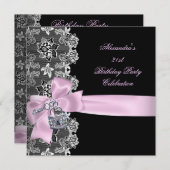 Invitation Dentelle noire rose Floral Anniversaire Clé de fêt (Devant / Derrière)