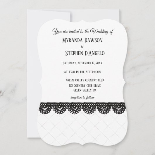 Invitation Dentelle noire sur mariage blanc personnalisé (Devant)