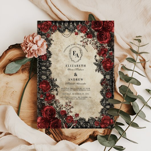 Invitation Dentelle noire victorienne et fleurs de Crimson