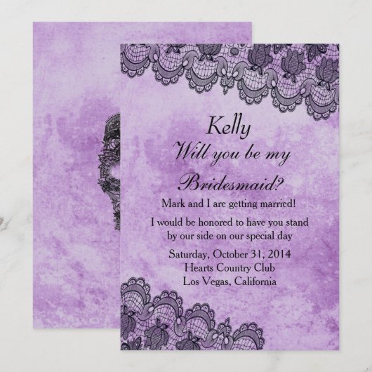 Invitation Dentelle noire violet Mariage gothique Bridesmaid (Devant / Derrière)