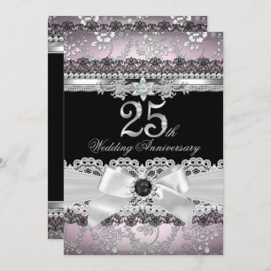 Invitation Dentelle & Pearl Bow argent rose 25e anniversaire