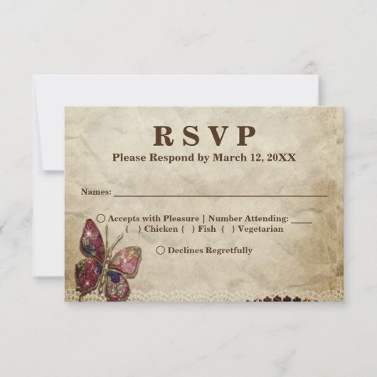 Invitation Dentelle, perles, menu RSVP Papillon (Devant)