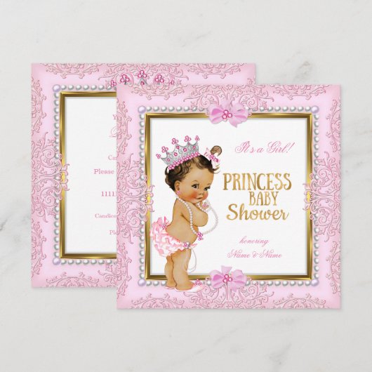 Invitation Dentelle Princess Baby shower Gold Pink Pearls (Devant / Derrière)