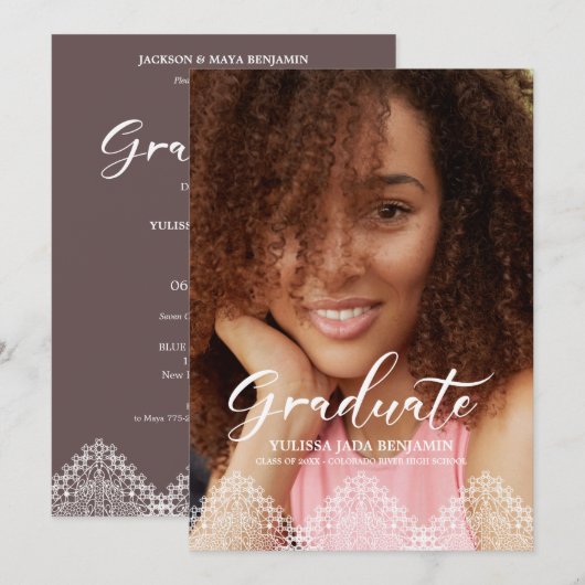 Invitation Dentelle romantique de la fête de la graduation en (Devant / Derrière)