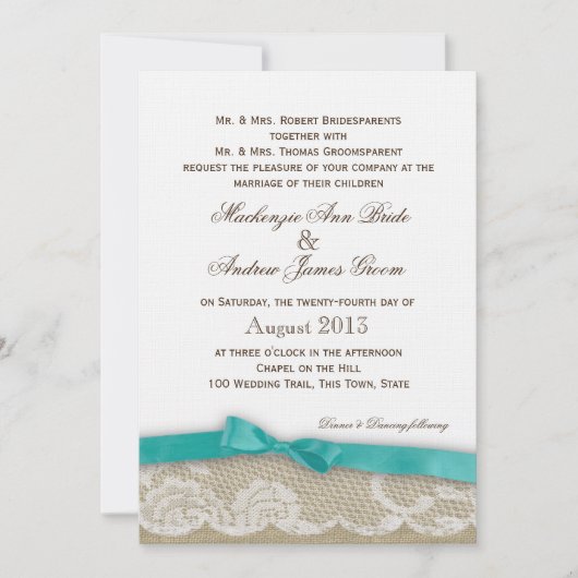 Invitation Dentelle romantique et Mariage noir Aqua Bow (Devant)
