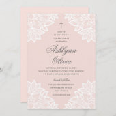 Invitation Dentelle rose Baptême & Christening (Devant / Derrière)