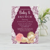 Invitation Dentelle rose Bourgogne Baby shower Vintage Brunch (Debout devant)