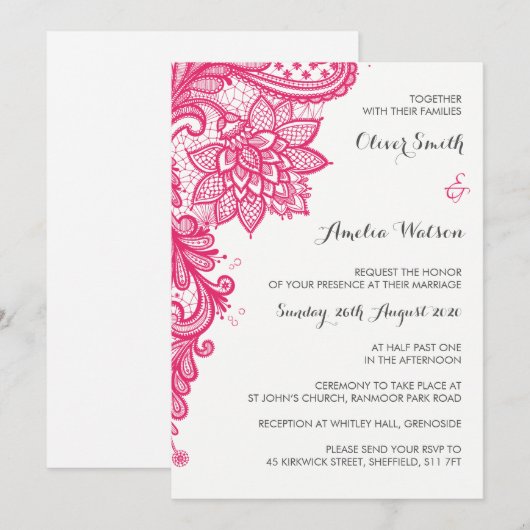 Invitation Dentelle rose chaud (Devant / Derrière)