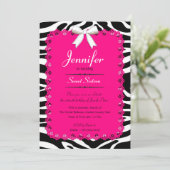 Invitation Dentelle rose chaude et BW Zebra Stripes Sweet 16 (Debout devant)