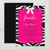 Invitation Dentelle rose chaude et BW Zebra Stripes Sweet 16 (Devant / Derrière)