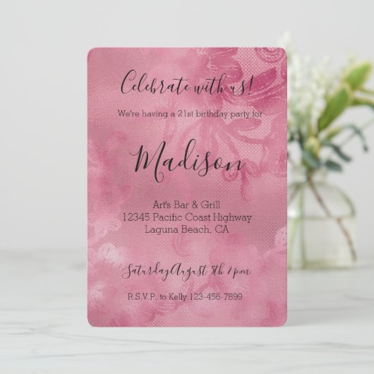 Invitation Dentelle rose chic (Debout devant)