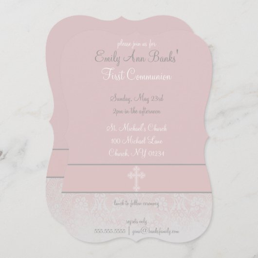 Invitation Dentelle rose Conception de la première communion  (Devant / Derrière)