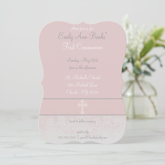 Invitation Dentelle rose Conception de la première communion (Debout devant)