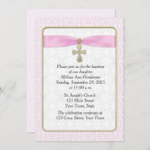 Invitation Dentelle rose, Croix d'or, religieuse (Devant / Derrière)