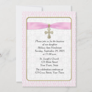 Invitation Dentelle rose, Croix d'or, religieuse
